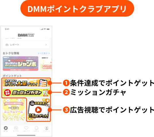 DMMポイントクラブアプリ 条件達成でポイントゲット/ミッションガチャ/広告視聴でポイントゲット